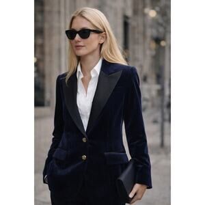 French Girl Navy Velvet Tuxedo Blazer Marie Marot x J.Crew Satin Lapel Jacket 2